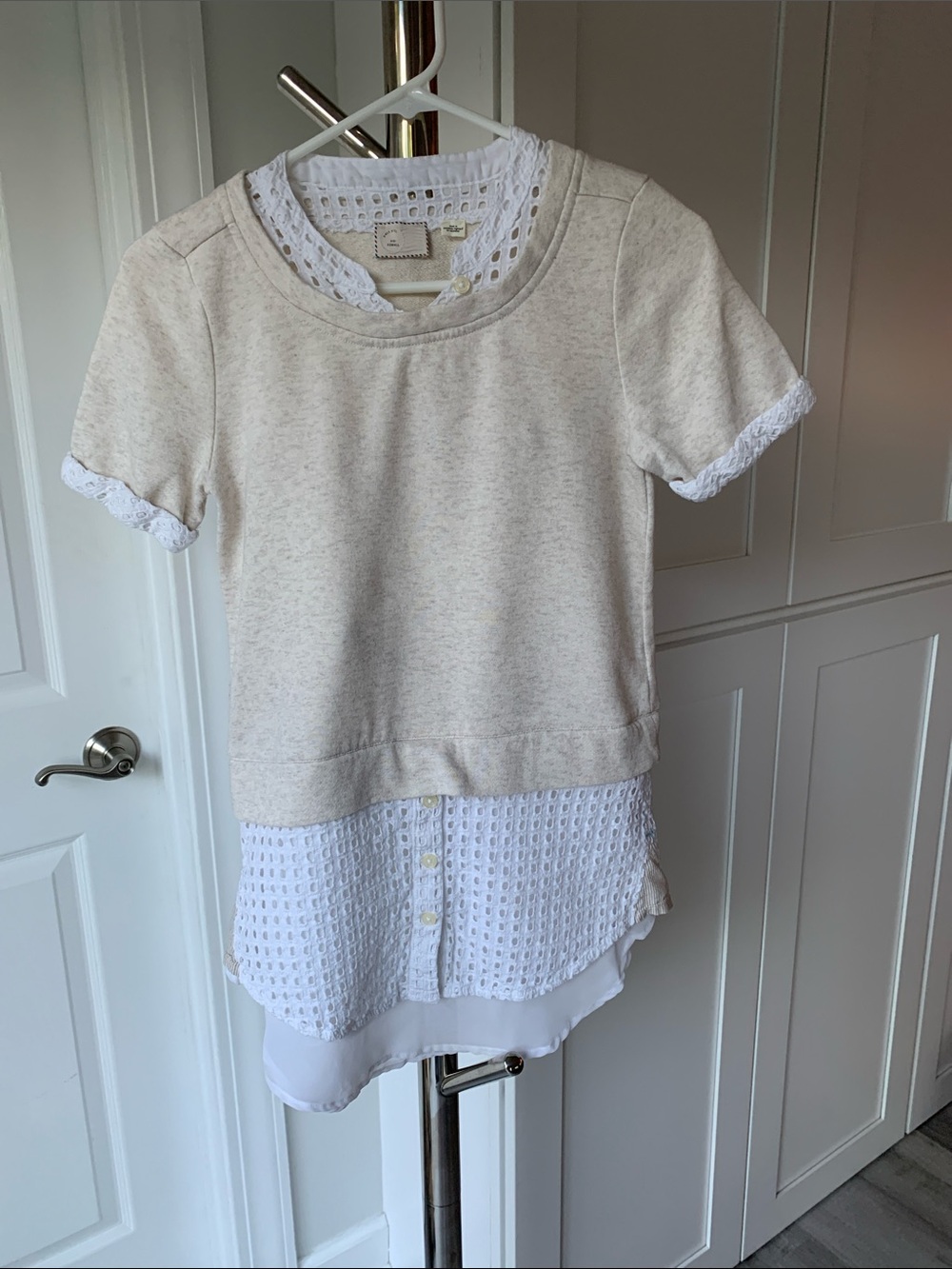 Anthropologie Cream Knit with White Eyelet and Sheer Layers Top, Size XS.
